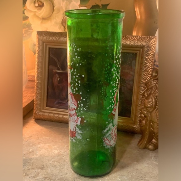 Green Glass Jar For Christmas Candle Boy Building Snowman And Dog Watching 70’s - Picture 3 of 8